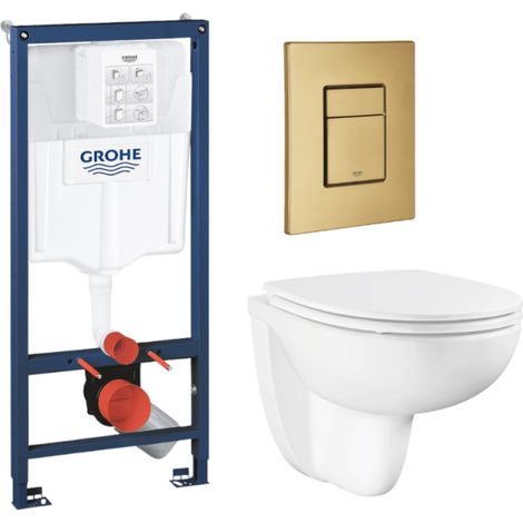 Pack WC suspendido GROHE sin brida y carenado + Asiento Bau Ceramic + Bastidor para pared maciza + Placa de accionamiento Cool Sunrise (1/4)