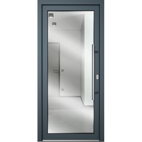 Meeth – Porte d'entrée en verre feuilleté blanc/titane – Largeur 98cm – Hauteur 208cm – Sens d'ouverture tirant droit – Isolation thermique 1,6 Ud