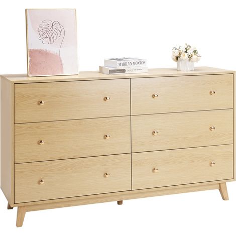Commode 6 tiroirs, meuble de rangement en bois avec système coulissant et anti-basculement, style minimaliste moderne, organisateur de placard, pour salon, couloir, chambre, entrée, bois clair (1/5)