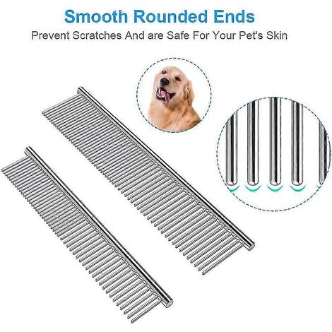 Lot de 2 peignes pour chiens à extrémités arrondies et dents en acier inoxydable, peigne pour chats (1/5)