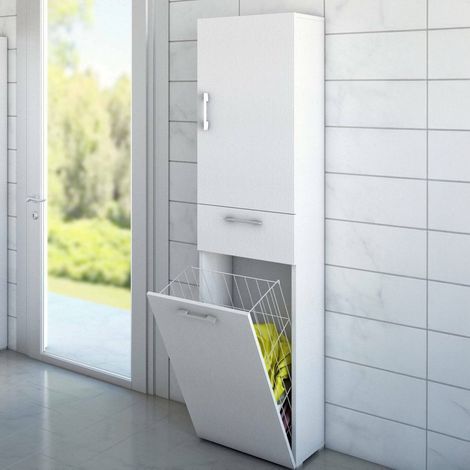 Dmora Mehrzweckschrank Escolzia, Linearer Wäscheschrank mit 2 Türen, Badezimmersäule mit Wäschekorb, 100% Made in Italy, Cm 45x32h195, Weiß (1/5)