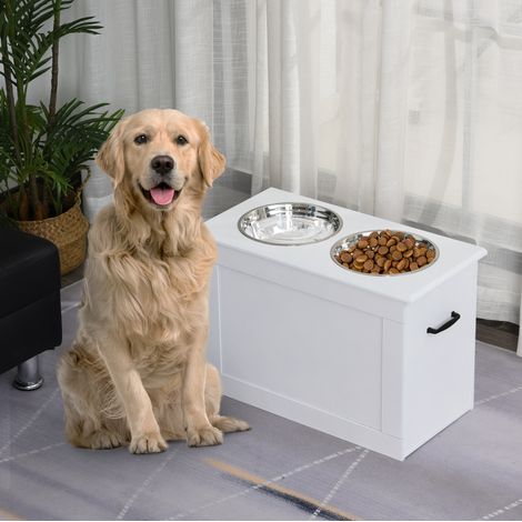 Ciotola rialzata per cane con vano portaoggetti, 2 ciotole in inox, bianco DESVIAE (1/5)