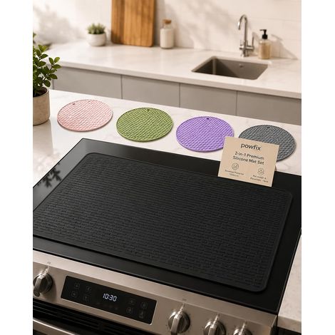 Tapis Protection Plaque Induction 70x50 cm, Cache Plaque de Cuisson en Silicone Noir Anti-Rayures Antidérapant, Protège Plaque Vitrocéramique et Plan de Travail avec 4 Dessous de Plat Silicone 18 cm (1/5)