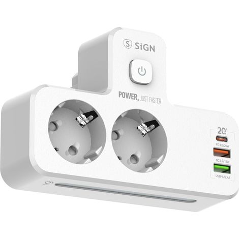 Ciabatta multipresa SiGN da 20 W con luce notturna a LED, 2 vie/2 x USB-A/1 x USB-C - Bianca