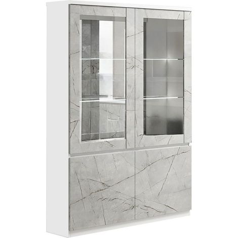 DEYTON - Vitrine 4 Portes Laquée Blanc et Gris Marbré avec Leds (1/3)