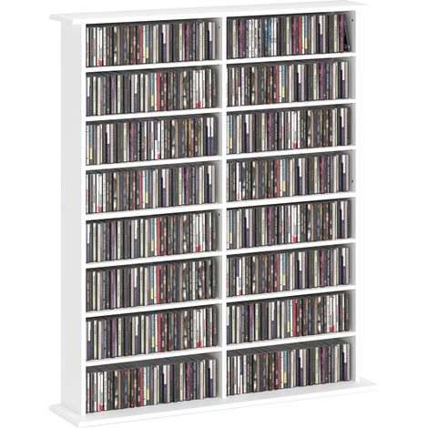 Estantería multimedia Irovami blanca de 16 compartimentos, 106,5 x 126,3 x 24 cm, 12 estantes ajustables, capacidad para 720 CD y 396 DVD, antivuelco