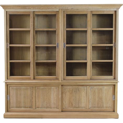 Hellin – Bibliothèque 6 portes coulissantes en chêne massif – 6 étagères réglables – Finition patinée – Dimensions L 237 x H 150 x P 48,5 cm (1/5)