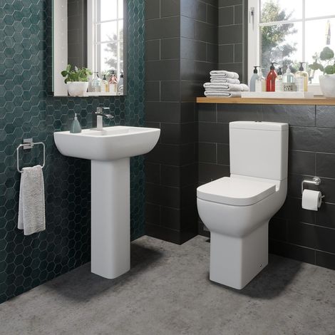 Bathroom Cloakroom Suite Comfort Height Toilet WC & Basin Sink Full Pedestal Set (1/5)