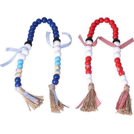 Guirlande de perles en bois rustique (2 pièces), 65 cm, perles décoratives colorées avec pompons, idéale pour la décoration intérieure de Noël (rouge et bleu). (1/5)