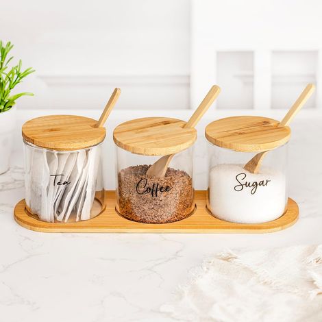 Glass Tea Coffee Sugar Canisters Set with Lids Hot Chocolate Station Glass Storage Jars with Lids Cocoa Powder Spices Herbs Home and Kitchen Accessories House Essentials Storage Containers (1/5)