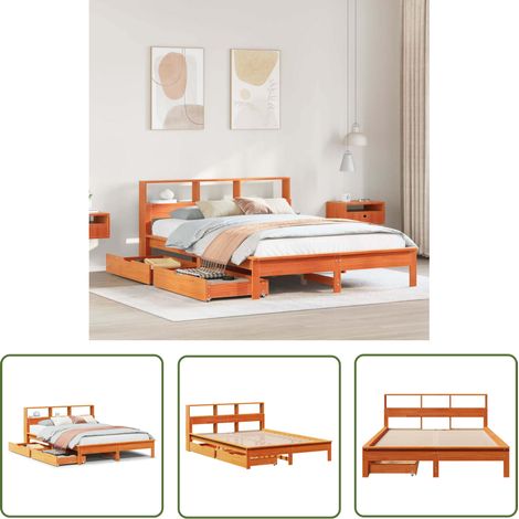 vidaXL Massivholzbett mit Regal ohne Matratze Wachsbraun 150x200 cm (1/5)