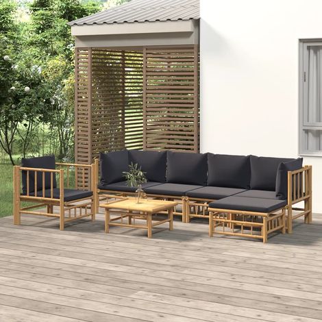 Salon de jardin 7 pcs avec coussins gris foncé bambou (1/5)
