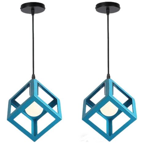 royaluxe- 2PCS Suspension Lustre En Forme De Cube Suspension Luminaire Moderne Plafonnier Rétro Vintage Bleu Clair (1/5)