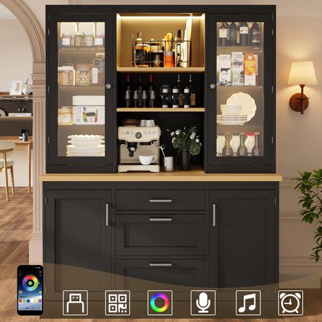 Meuble de cuisine avec éclairage LED contrôlé par application, 185 x 140 x 40 cm, 3 tiroirs, plan de travail, étagères réglables, noir/blanc/vert