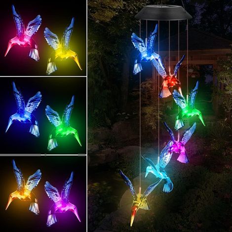 Carillons Éoliens Solaire, LED Carillon de Vent Colibri Changement de Couleur Solaire Mobile Carillon Étanche Intérieure Extérieure pour Décoration de Jardin Patio Porch Terrasse Cour Fête (1/5)