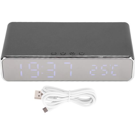 Réveil de bureau numérique LED USB avec thermomètre et chargeur sans fil pour Samsung, Xiaomi et Huawei - Argent (1/5)