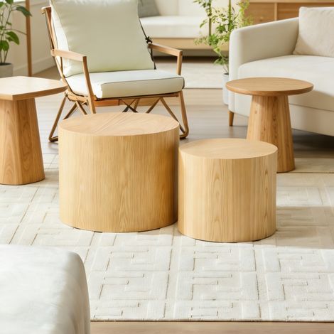 Lot de 2 tables basses gigognes rondes - Ø48x38 + Ø38x32 cm - Tables d'appoint emboîtables en bois MDF pour salon - Naturel (1/5)