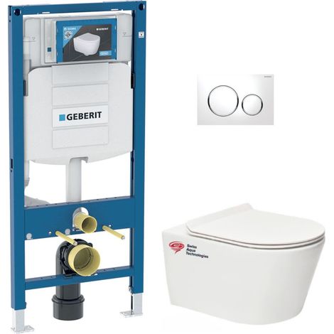 Bastidor Geberit Duofix pack WC + WC sin brida SAT + Asiento extraplano con cierre suave + pulsador blanca/cromada (GebBrevis-C (1/5)