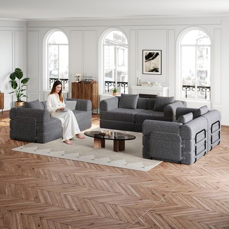 AS EASY Canapé-lit 2 en 1 en chenille avec compartiment de rangement dans l'accoudoir, trois cadres métalliques et de multiples options de configuration (1/5)