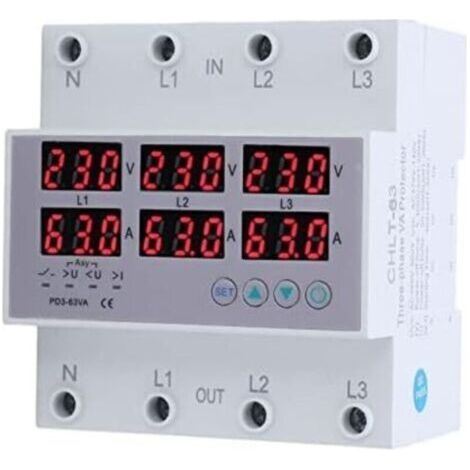 AC390‑500V 3 Phase DIN Rail Voltmètre Ampèremètre Protecteur de Surintensité de Surtension Réinitialisation Automatique Affichage Numérique Tension Courant Temps Réel(40A) (1/5)