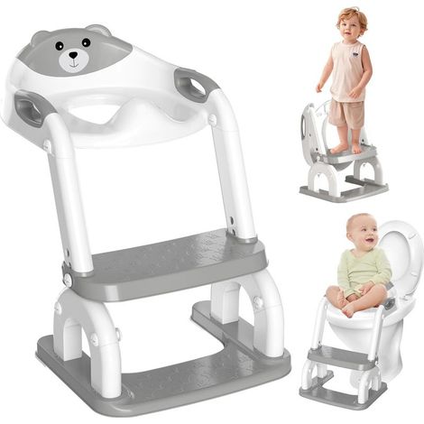 Réducteur WC Enfant 2-en-1 - Pliable Réglable 8 Niveaux - Escalier Antidérapant - Coussin PU - Pour Toilettes V O U - Gris (1/5)