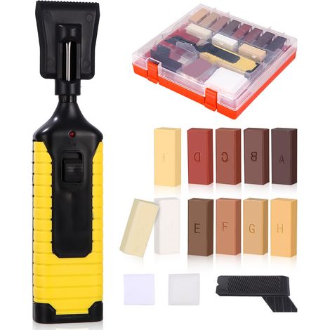 Kit Réparation Parquet et Carrelage, 17 Pièces Cire Dure Réparation, 11 Teintes Cire avec Stylo Électrique, Accessoires Complets pour Sol Stratifié, PVC, Vinyle, Bois et Meubles (1/4)