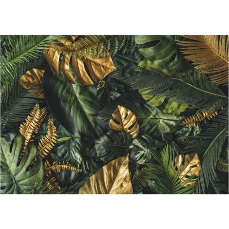 Papier peint panoramique avec des feuilles de monstera dorées et vertes, décoration murale pour le salon – 300 x 210 cm Wallarena (1/4)