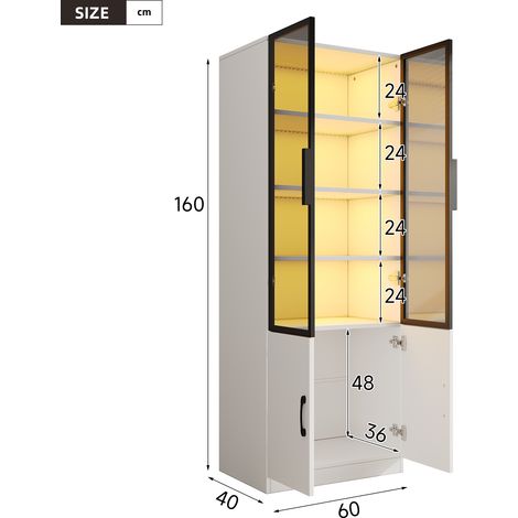 Grande vitrine 60x40x160 cm avec LED, verre fumé, cadre aluminium, deux portes basses, bibliothèque et buffet, coloris blanc (1/5)