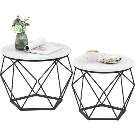 Relaxdays coffee table, set of 2, marble-look & metal, vintage, round side tables, living room, white-black