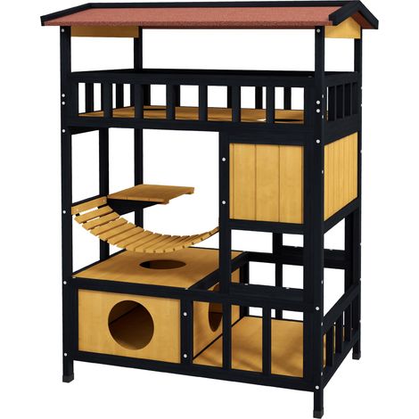 Niche pour chat à 4 niveaux (84 x 60 x 116 cm) avec pont suspendu, balcon et toit en asphalte naturel (1/5)