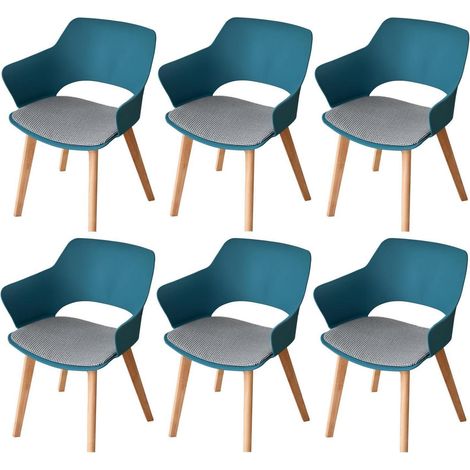 6er Set Esszimmerstühle mit Armlehne, Stoffpolster, Massivholzbeine, Seeblau (1/5)