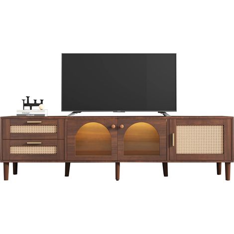 180 cm brauner TV-Schrank für 80-Zoll-Fernseher – mit 2 Rattan-Schubladen, 2 gewölbten Glastüren und 1 Rattan-Tür, LED-Beleuchtung, bietet stilvolle Aufbewahrung, TV-Board