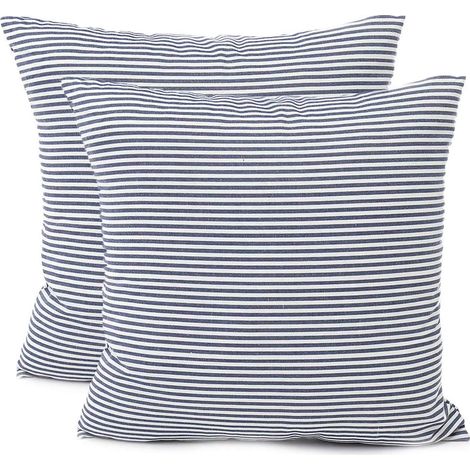Housse de coussin décorative à rayures style ferme, en polyester et lin à rayures, douce et moelleuse, pour canapé, 45 x 45 cm (bleu) (1/2)