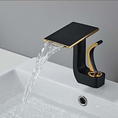 Waterfall Bathroom Faucet, Modern Waterfall Bathroom Faucet, Waterfall Basin Faucet, Adjustable Hot and Cold Water Waterfall Bathroom Mixer Tap (Black+Gold) (1/4)