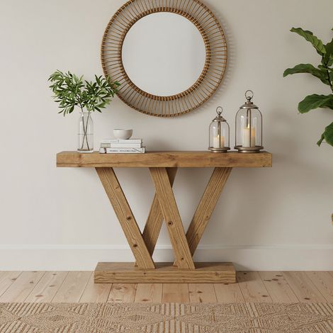 Konsolentisch 120 × 30 × 80 cm – Konsolentisch mit geometrischem Gestell – Wohnzimmer, Flur, Eingangsbereich – Naturholz