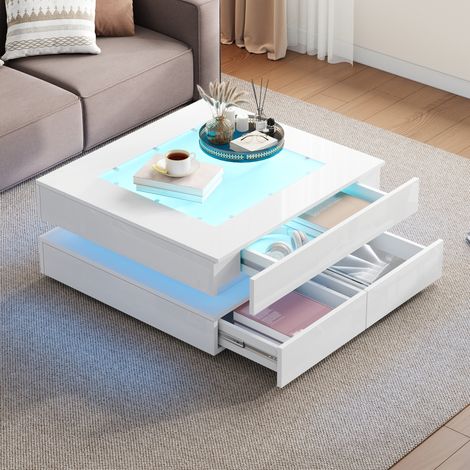 Mesa de centro 70 x 70 x 35 cm con iluminación LED, tablero de vidrio, 3 cajones, blanca DESVIAE (1/5)