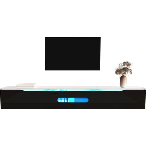 Meuble TV Noir Principal 180cm - Bande LED 16 Couleurs - APP - 2 Options de Montage (180x35x30 cm)