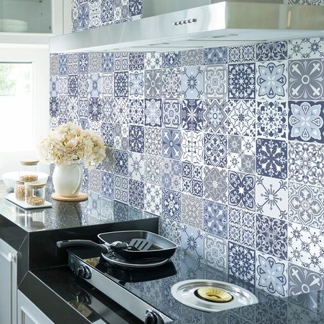Sticker Mural Carrelage adhésif Cuisine Salle de Bain - 30 STICKERS CARREAUX DE CIMENT AZULEJOS CINVIANA - 30stickers20x20cm (1/5)
