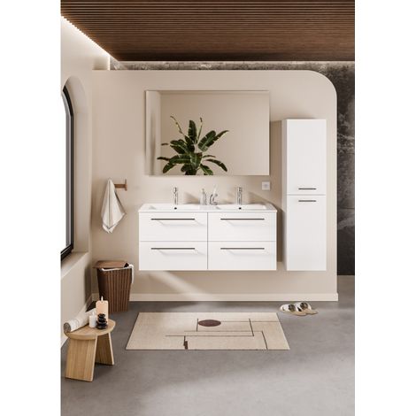 Sanitaire – Meuble de salle de bain suspendu blanc 120 cm – Double vasque en céramique – Miroir slim 117 cm – 4 tiroirs avec ralentisseurs (1/5)