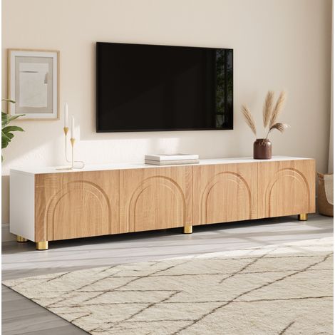 Meuble TV 180x35x40 cm en bois blanc et naturel, avec rangement pour salon FloraGrace (1/5)