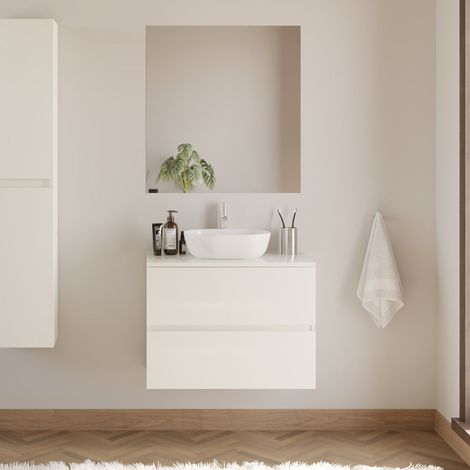 Meuble de salle de bain 60cm avec plateau et vasque à poser arrondie - 2 tiroirs - blanc brillant - IDA (1/5)