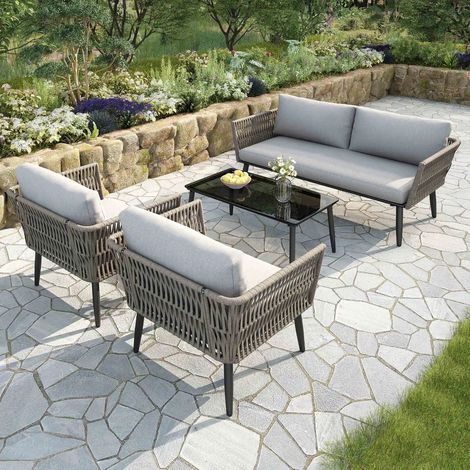 Gartenlounge-Set, Gartenmöbel-Set mit bequemen Kissen, 2-Sitzer-Sofa, 2 Sessel und Couchtisch, Geflochtenes PE-Seil aus Wassergrasimitat, schwarze Glastischplatte, verzinkter Stahl, grau