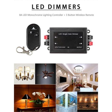 Variateur de bande LED monochrome 2 x 8 A 12 V/24 V CC, contrôleur de gradation à signal PWM 1 canal avec télécommande à 3 touches (1/5)