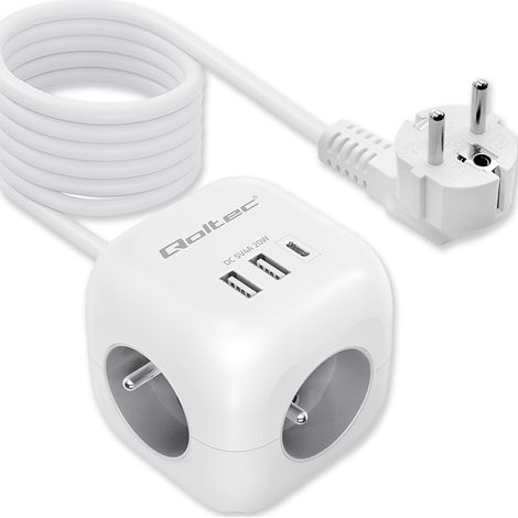Qoltec 6-in-1-Netzteilwürfel mit beleuchtetem Schalter 3x Netzanschluss 2x USB 1x USB-C PD 20W Weiß 2 m Kabel (1/5)