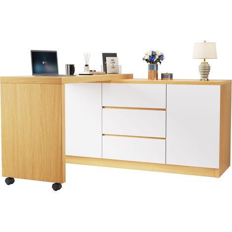 Bureau d'angle Chêne et blanc en MDF, Avec Étagères Réglables, 3 Tiroirs et 2 Portes, 120 x 50 x 76,5cm - pour bureau (1/5)