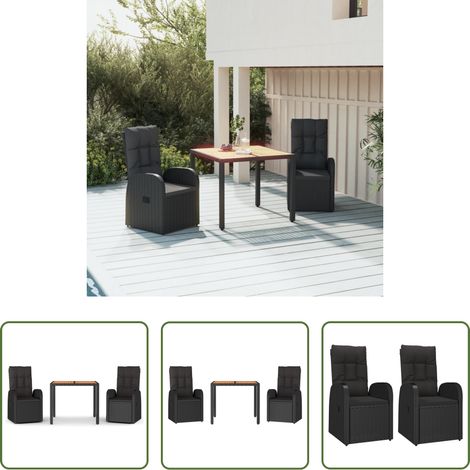 Gartenessgruppe - 3-tlg. Garten-Essgruppe mit Kissen Schwarz Poly Rattan (1/5)