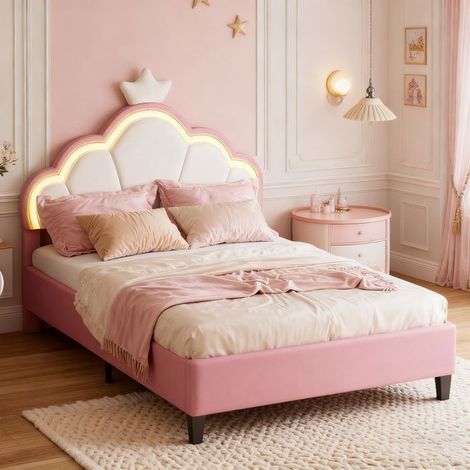 POCKETPOP- Kinderbett, Kronenbett, Einzelbett, Lattenrost, LED, Weiß und Rosa (190x90cm), ohne Matratze, BETTSTRUKTUR