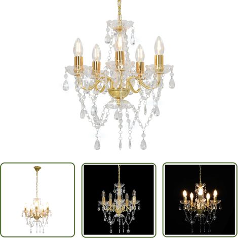 The Living Store Kronleuchter mit Perlen Golden Rund 5×E14 - Kronleuchter - Pendelleuchte - Wohnzimmer Deko - LED Lampe - Designer Lampe (1/5)