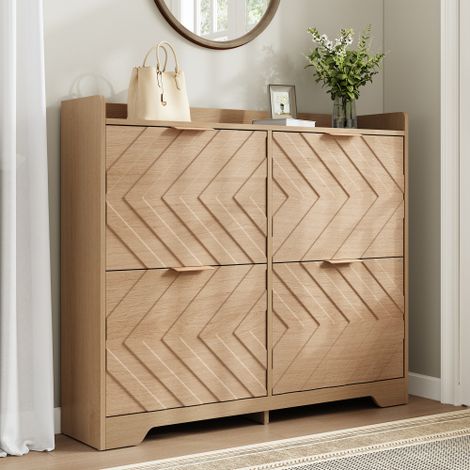 Modernluxe – Meuble à chaussures 105x24x90 cm – 4 étagères rabattables – panneaux texturés 3D – étagère supérieure – MDF naturel – capacité 40 kg