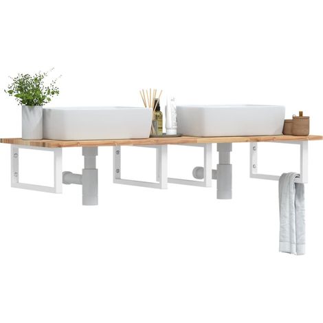 Étagère murale pour vasque en acier et bois massif d’acacia, structure blanche, 140 x 50 cm, 4 supports - PANGIVO (1/5)